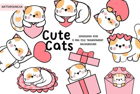 Cute Calico Cat Clipart PNG Kawaii