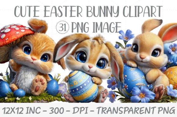 Cute Easter Bunny Clipart PNG Bundle for Designers
