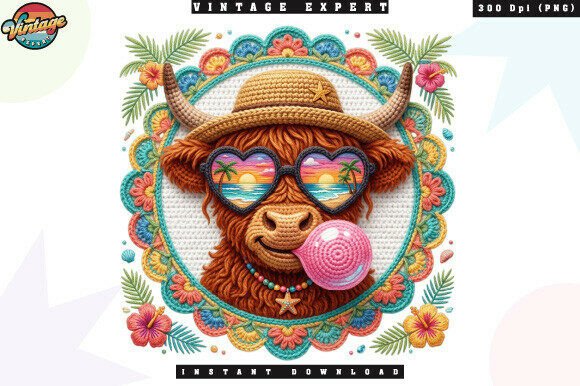 Funny Highland Cow Summer Vacation PNG: The Ultimate Crochet-Style Asset for Trendy Designs