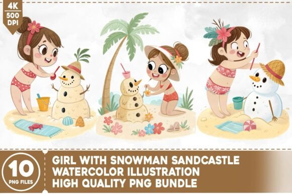 Girl with Snowman Sandcastle Watercolor: A Versatile Digital Asset for Commercial Design