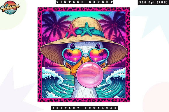Retro Beach Duck Bubblegum Sunset PNG: A Vibrant Design for Summer Creations