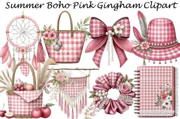 Summer Boho Pink Gingham Clipart