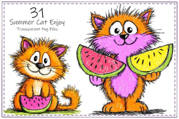 Summer Cat Enjoy Clipart Bundle: Whimsical Watercolor Art